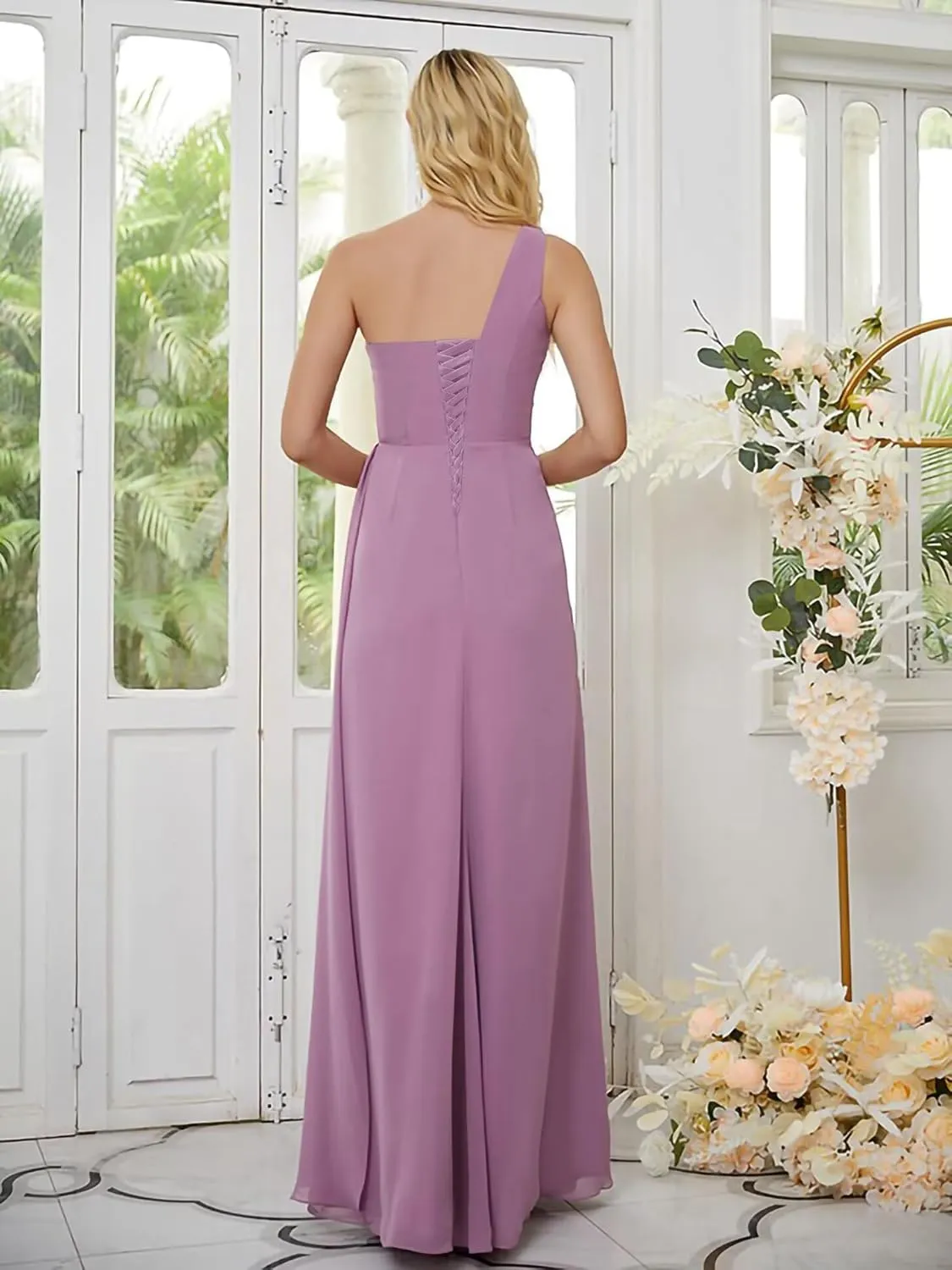 One Shoulder Bridesmaid Dresses for Women Long A Line Formal Dress with Slit Ruched Chiffon Evening Gown