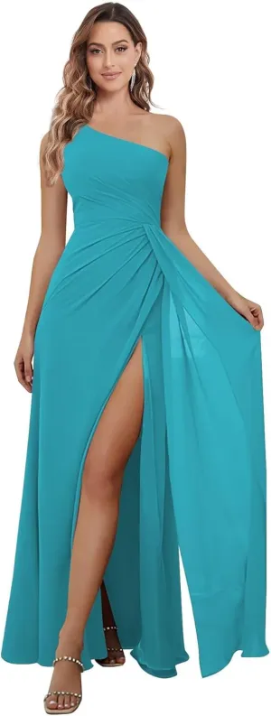 One Shoulder Bridesmaid Dresses for Women Long A Line Formal Dress with Slit Ruched Chiffon Evening Gown