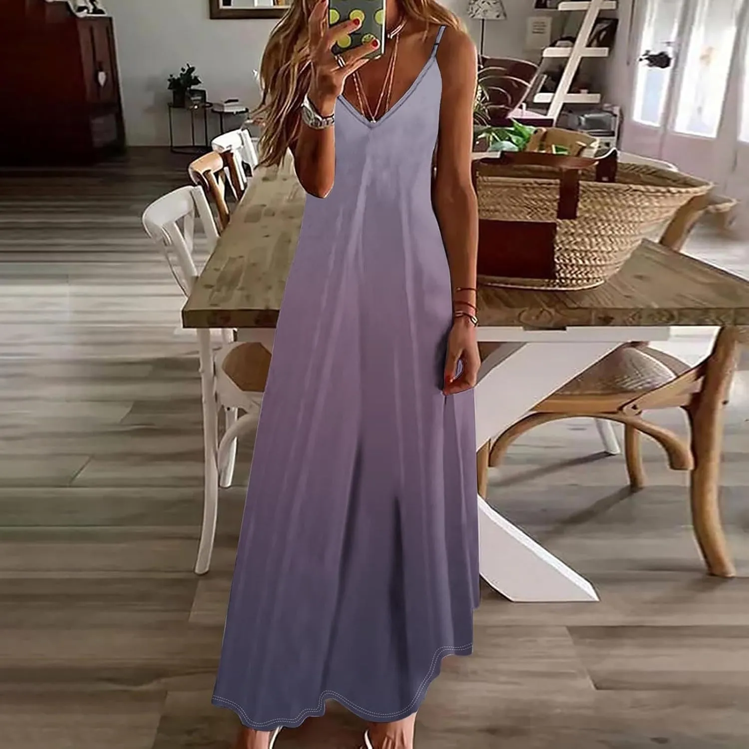 Oplxuo Women's Maxi Dresses Summer V-Neck Spaghetti Strap Sleeveless Casual Dress Gradient Tie Dye Printed Vacation Sundress