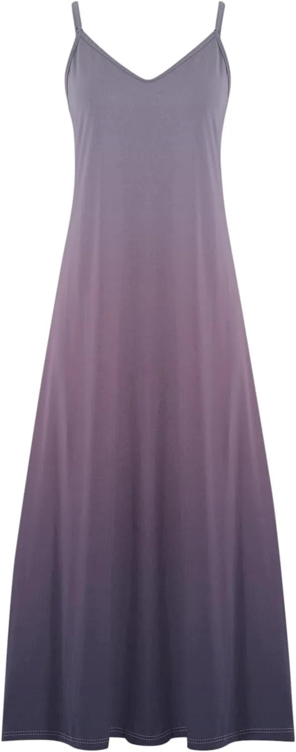 Oplxuo Women's Maxi Dresses Summer V-Neck Spaghetti Strap Sleeveless Casual Dress Gradient Tie Dye Printed Vacation Sundress