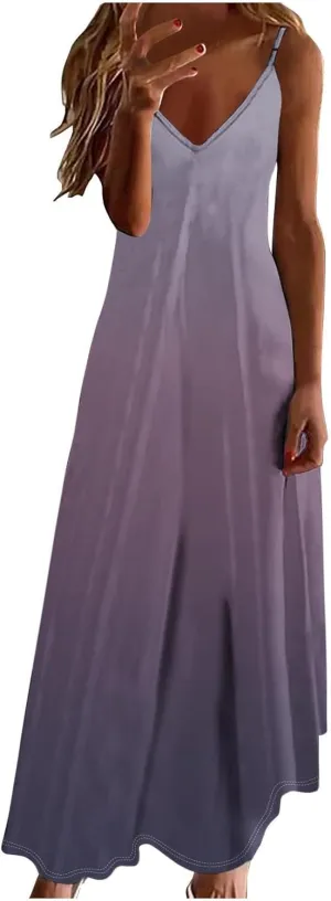 Oplxuo Women's Maxi Dresses Summer V-Neck Spaghetti Strap Sleeveless Casual Dress Gradient Tie Dye Printed Vacation Sundress