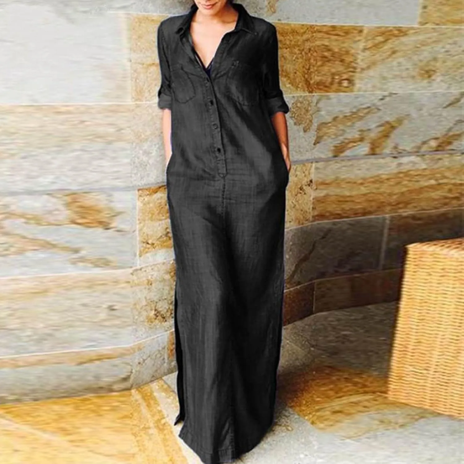 Oplxuo Women's Plus Size Denim Dress Long with Slit Button Down Shirt Dress Long Sleeve Lapel Casual Loose Jean Maxi Dresses