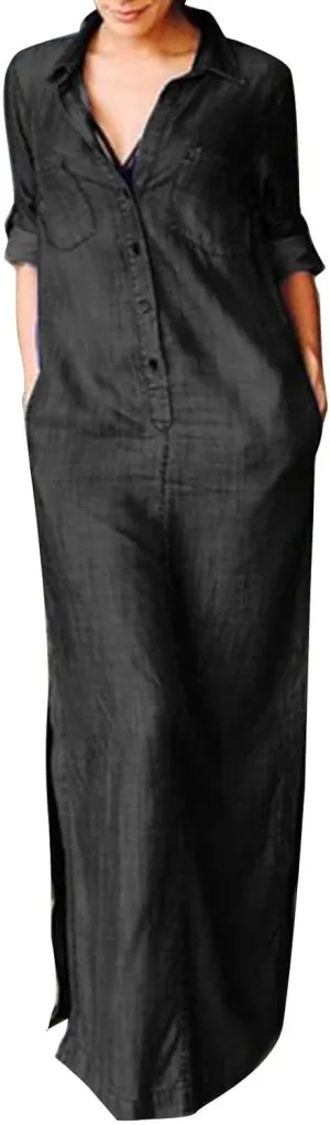 Oplxuo Women's Plus Size Denim Dress Long with Slit Button Down Shirt Dress Long Sleeve Lapel Casual Loose Jean Maxi Dresses