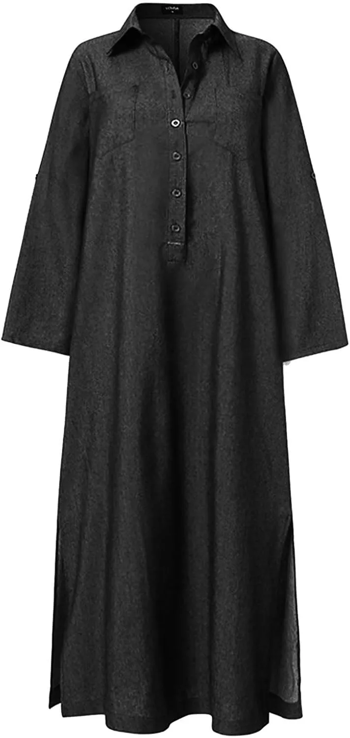 Oplxuo Women's Plus Size Denim Dress Long with Slit Button Down Shirt Dress Long Sleeve Lapel Casual Loose Jean Maxi Dresses