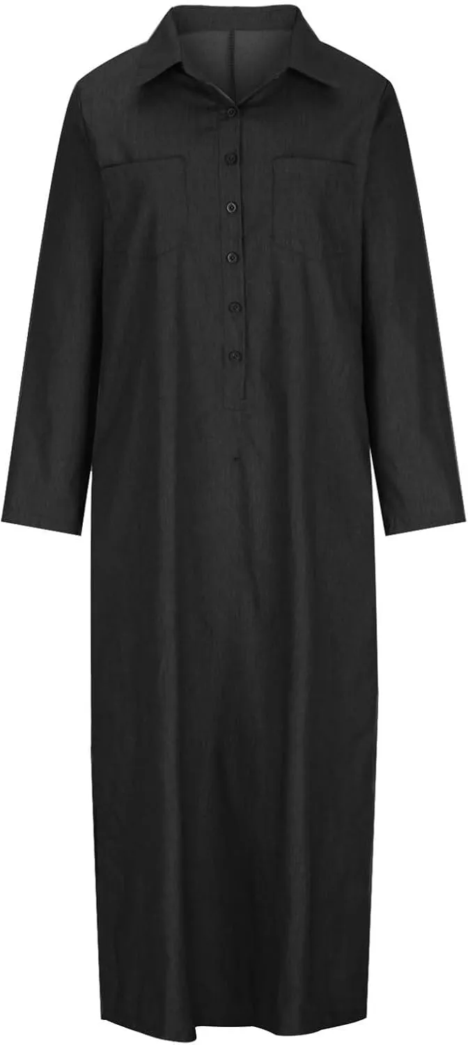 Oplxuo Women's Plus Size Denim Dress Long with Slit Button Down Shirt Dress Long Sleeve Lapel Casual Loose Jean Maxi Dresses