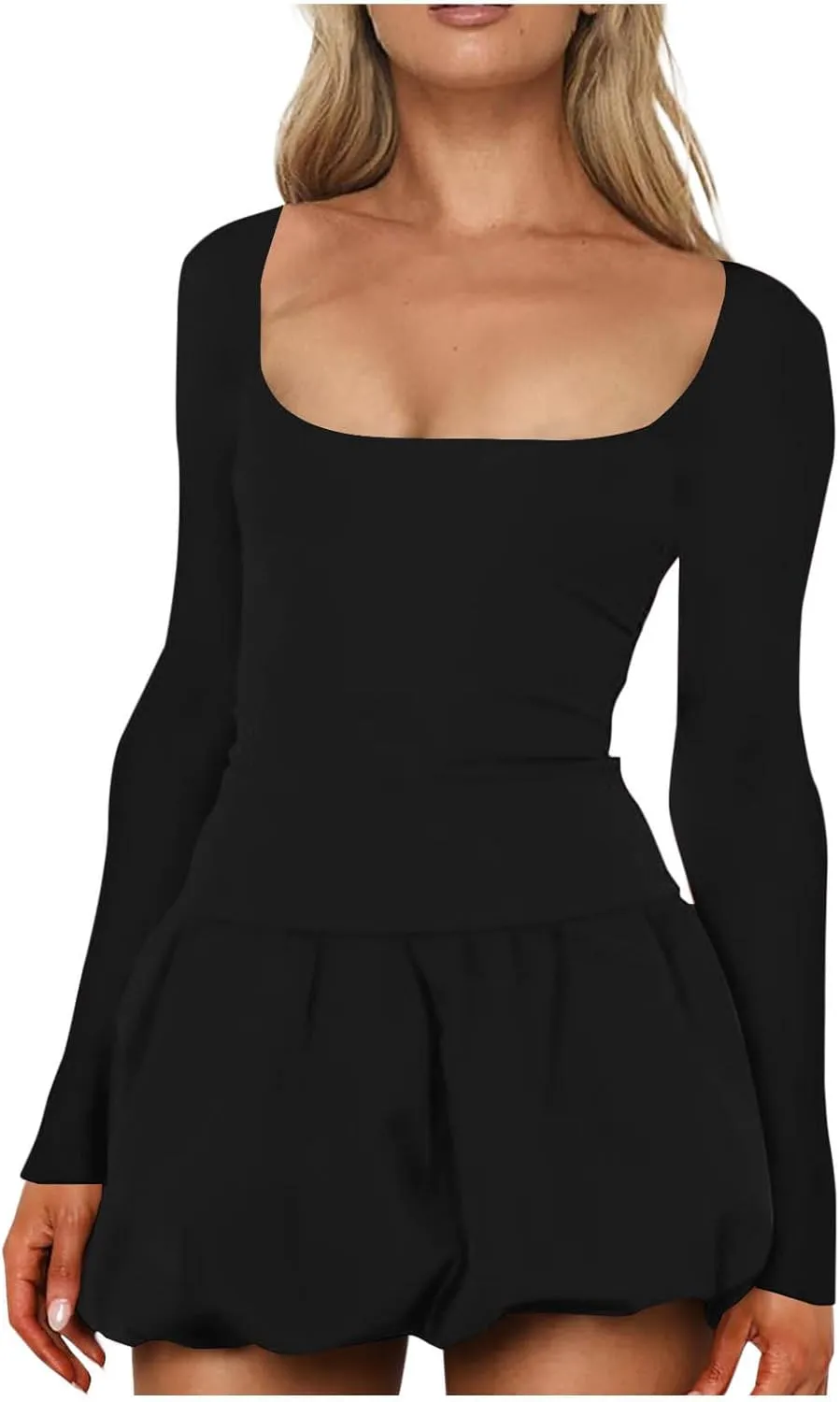 Oplxuo Women's Sexy Bubble Mini Dress Low Cut Square Neck Long Sleeve A-Line Ruffle Color Block Short Going Out Party Dresses