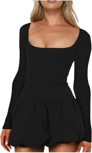 Oplxuo Women's Sexy Bubble Mini Dress Low Cut Square Neck Long Sleeve A-Line Ruffle Color Block Short Going Out Party Dresses