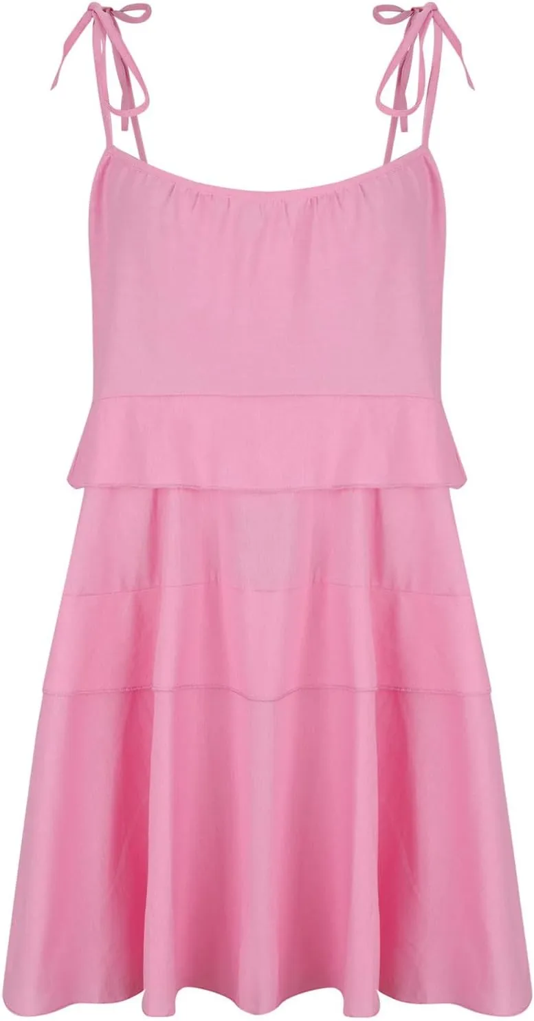 Oplxuo Women's Tie Shoulder Tiered Ruffle Flowy Mini Dress Backless A Line Layered Babydoll Cami Dress Summer Beach Sundress