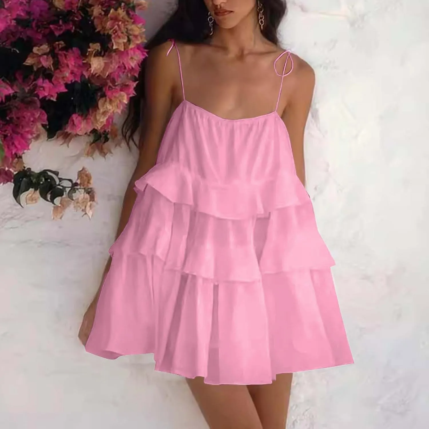 Oplxuo Women's Tie Shoulder Tiered Ruffle Flowy Mini Dress Backless A Line Layered Babydoll Cami Dress Summer Beach Sundress