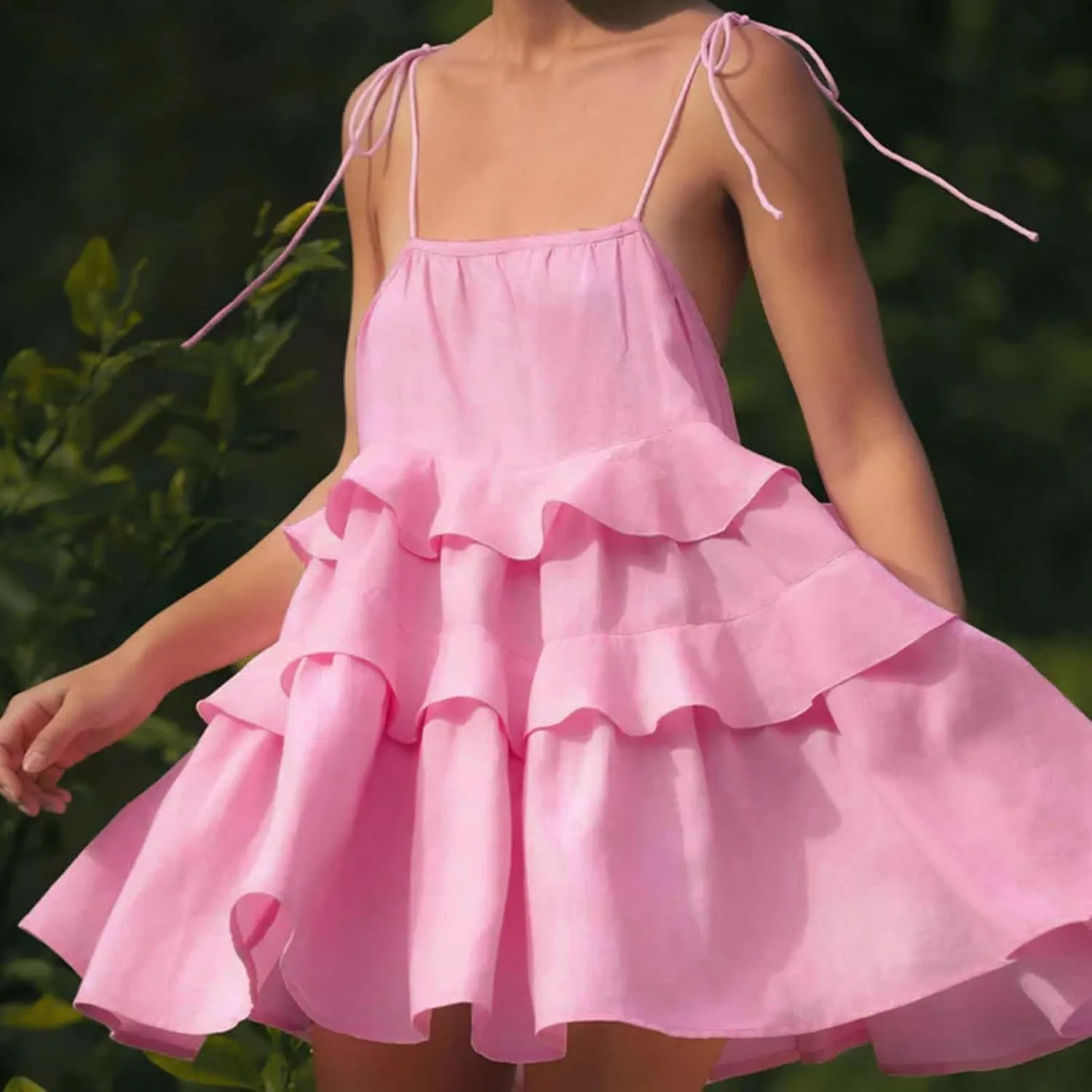 Oplxuo Women's Tie Shoulder Tiered Ruffle Flowy Mini Dress Backless A Line Layered Babydoll Cami Dress Summer Beach Sundress