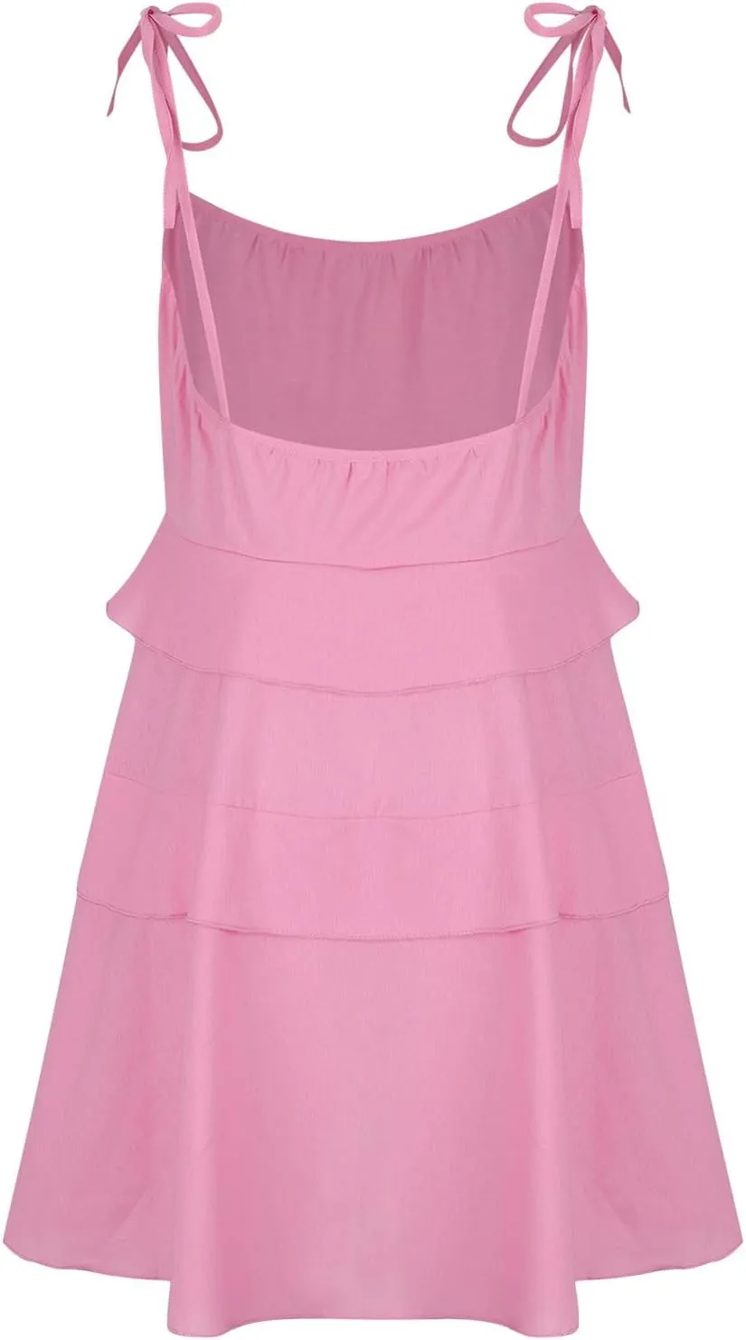 Oplxuo Women's Tie Shoulder Tiered Ruffle Flowy Mini Dress Backless A Line Layered Babydoll Cami Dress Summer Beach Sundress