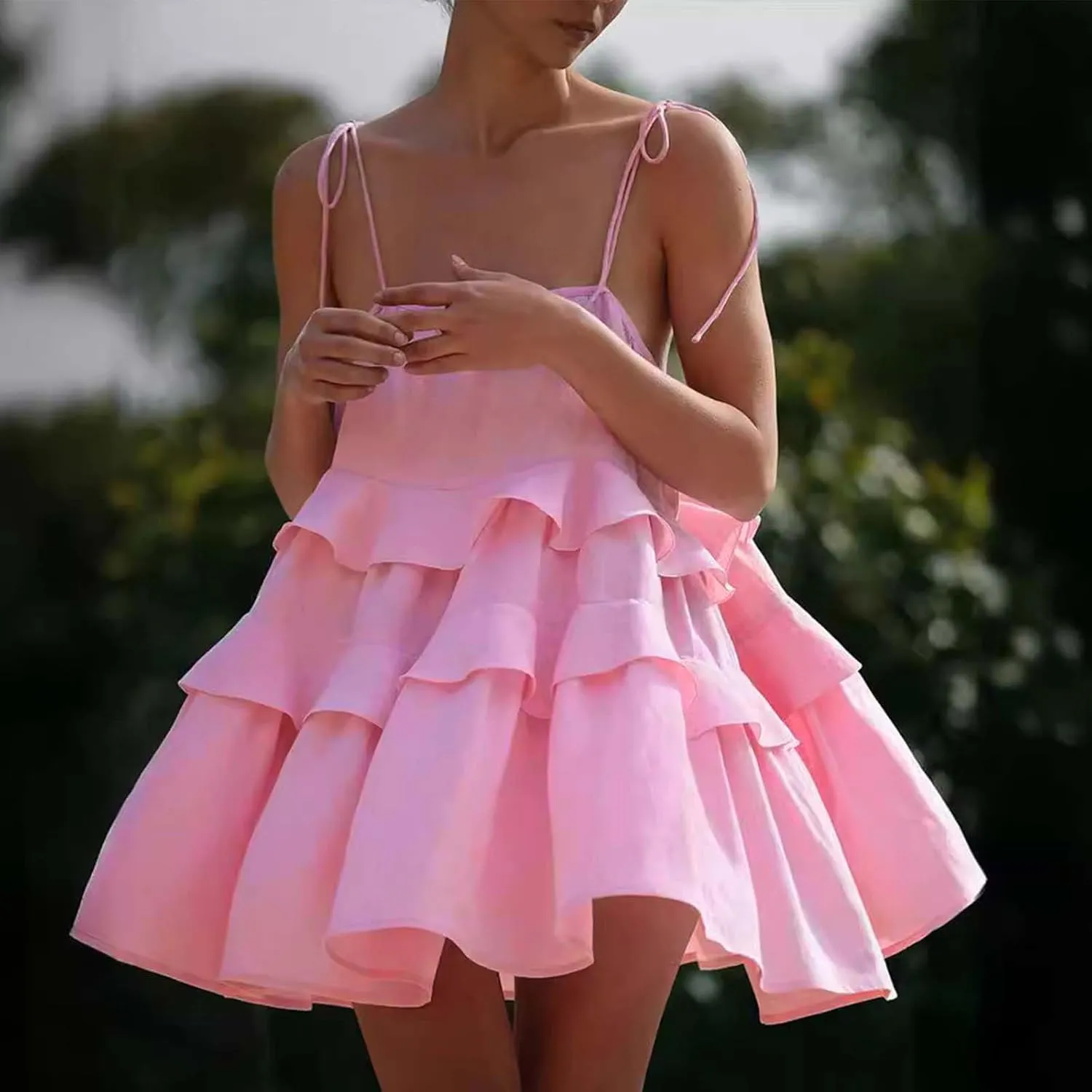 Oplxuo Women's Tie Shoulder Tiered Ruffle Flowy Mini Dress Backless A Line Layered Babydoll Cami Dress Summer Beach Sundress