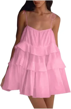 Oplxuo Women's Tie Shoulder Tiered Ruffle Flowy Mini Dress Backless A Line Layered Babydoll Cami Dress Summer Beach Sundress
