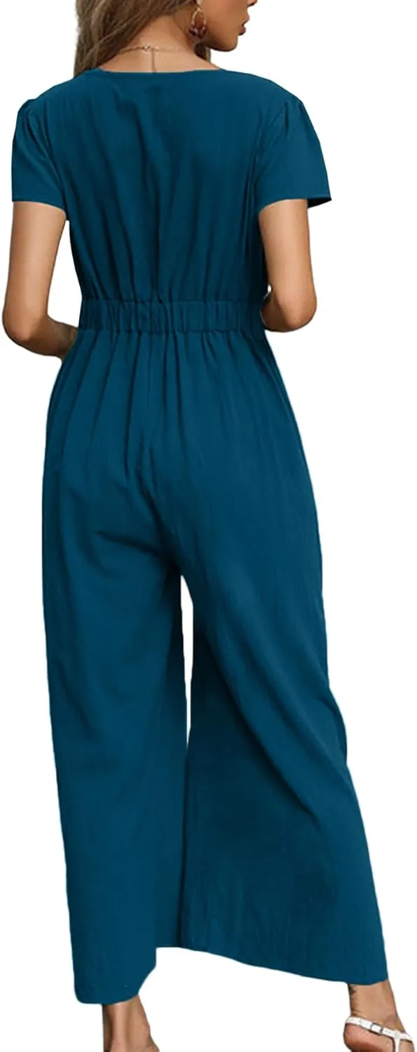 OPOIPIN Women's Casual Deep V Neck Tie Knot Short Sleeve Romper Wide Leg Pants Jumpsuit