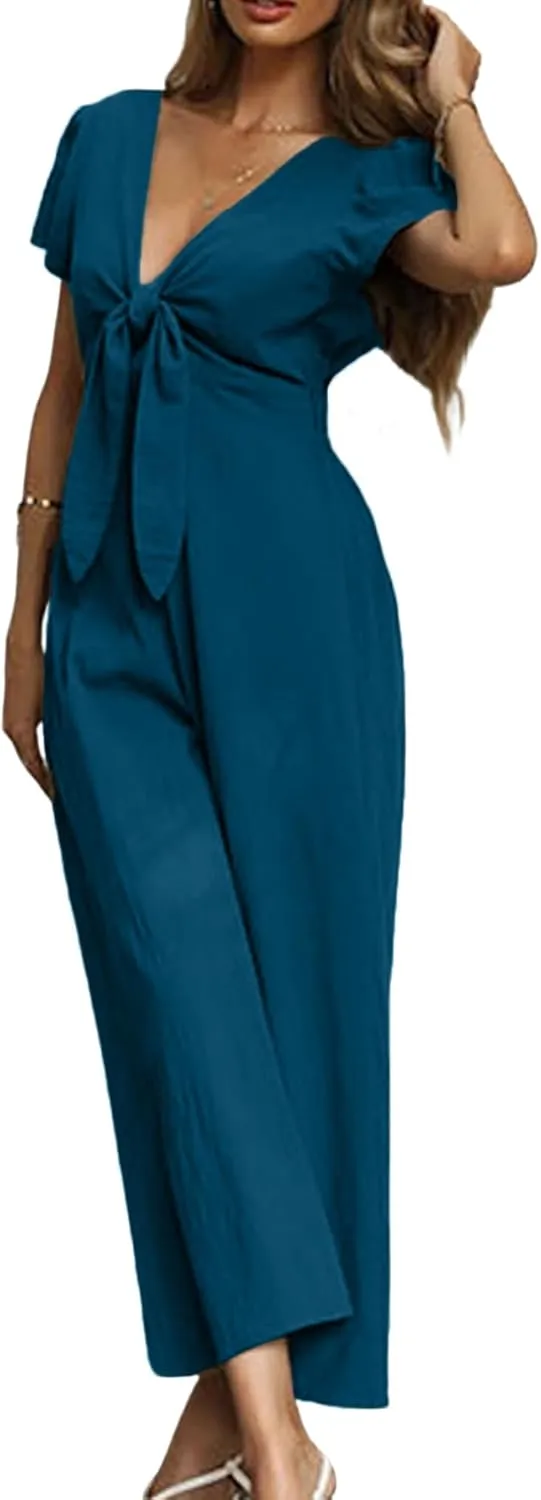 OPOIPIN Women's Casual Deep V Neck Tie Knot Short Sleeve Romper Wide Leg Pants Jumpsuit