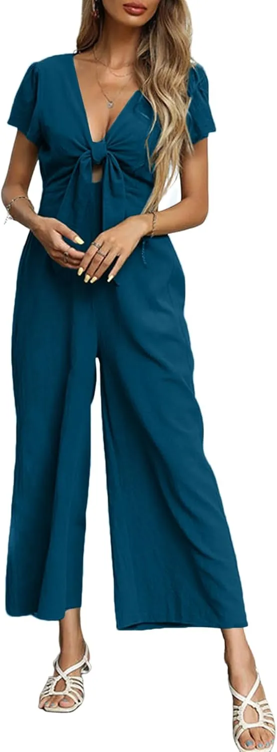 OPOIPIN Women's Casual Deep V Neck Tie Knot Short Sleeve Romper Wide Leg Pants Jumpsuit