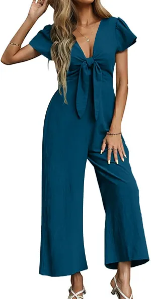 OPOIPIN Women's Casual Deep V Neck Tie Knot Short Sleeve Romper Wide Leg Pants Jumpsuit