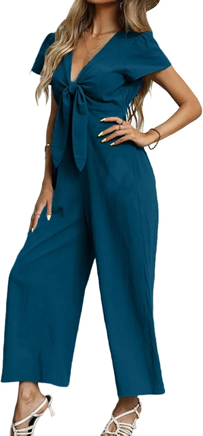 OPOIPIN Women's Casual Deep V Neck Tie Knot Short Sleeve Romper Wide Leg Pants Jumpsuit