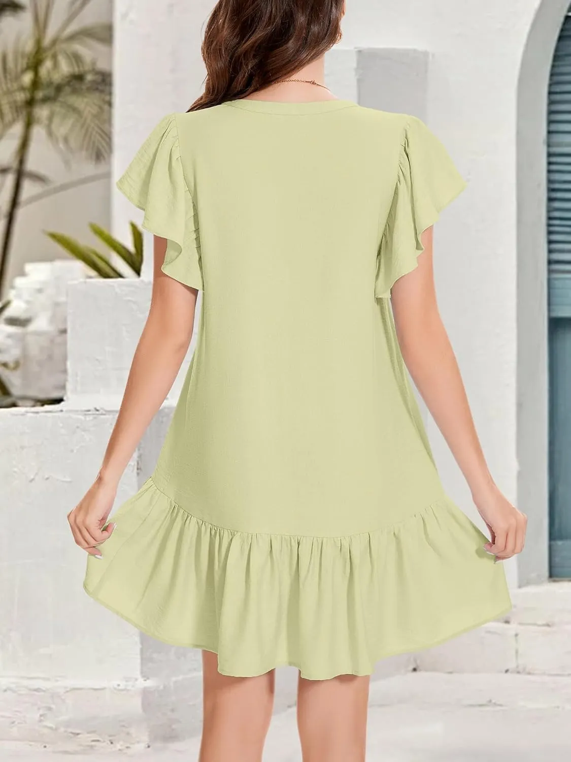 OURIN Womens Summer Dresses 2025 V Neck Button Down Ruffle Short Sleeve Pleated Shift Dress Mini Sundress