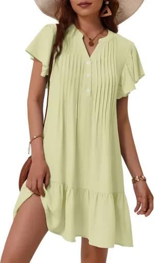 OURIN Womens Summer Dresses 2025 V Neck Button Down Ruffle Short Sleeve Pleated Shift Dress Mini Sundress