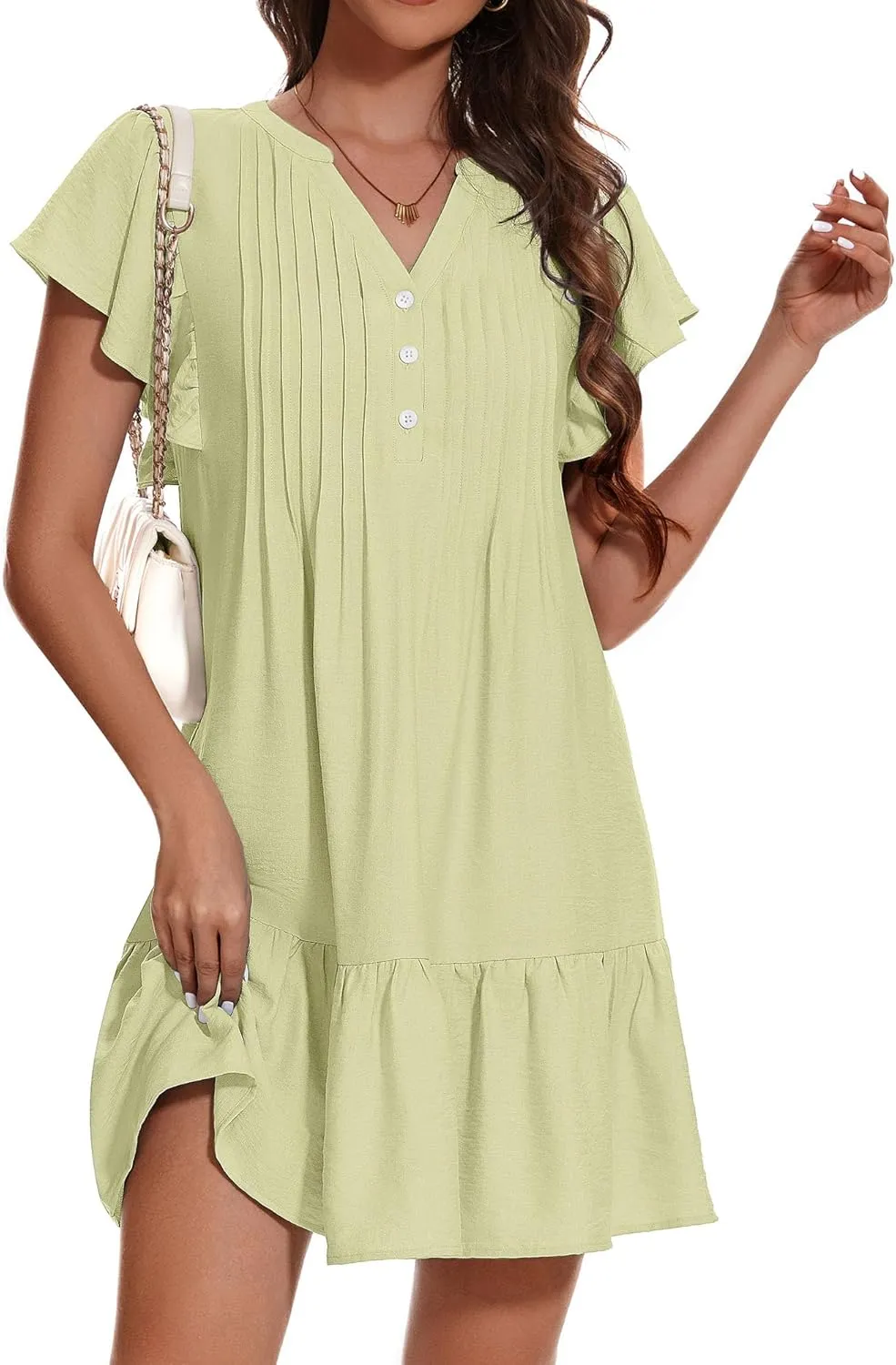 OURIN Womens Summer Dresses 2025 V Neck Button Down Ruffle Short Sleeve Pleated Shift Dress Mini Sundress
