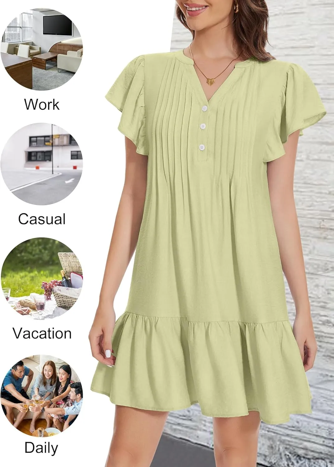 OURIN Womens Summer Dresses 2025 V Neck Button Down Ruffle Short Sleeve Pleated Shift Dress Mini Sundress