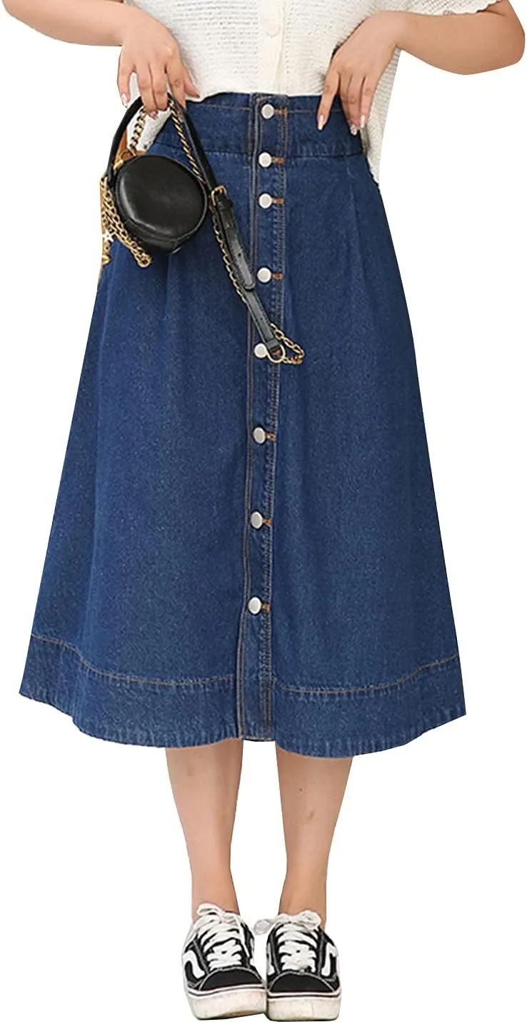 PEHMEA Women's Casual High Waisted Button Down A-Line Midi Long Denim Skirt