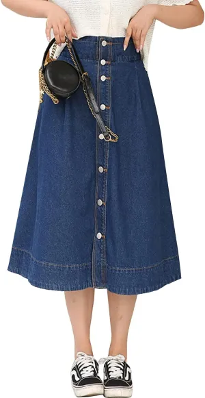 PEHMEA Women's Casual High Waisted Button Down A-Line Midi Long Denim Skirt