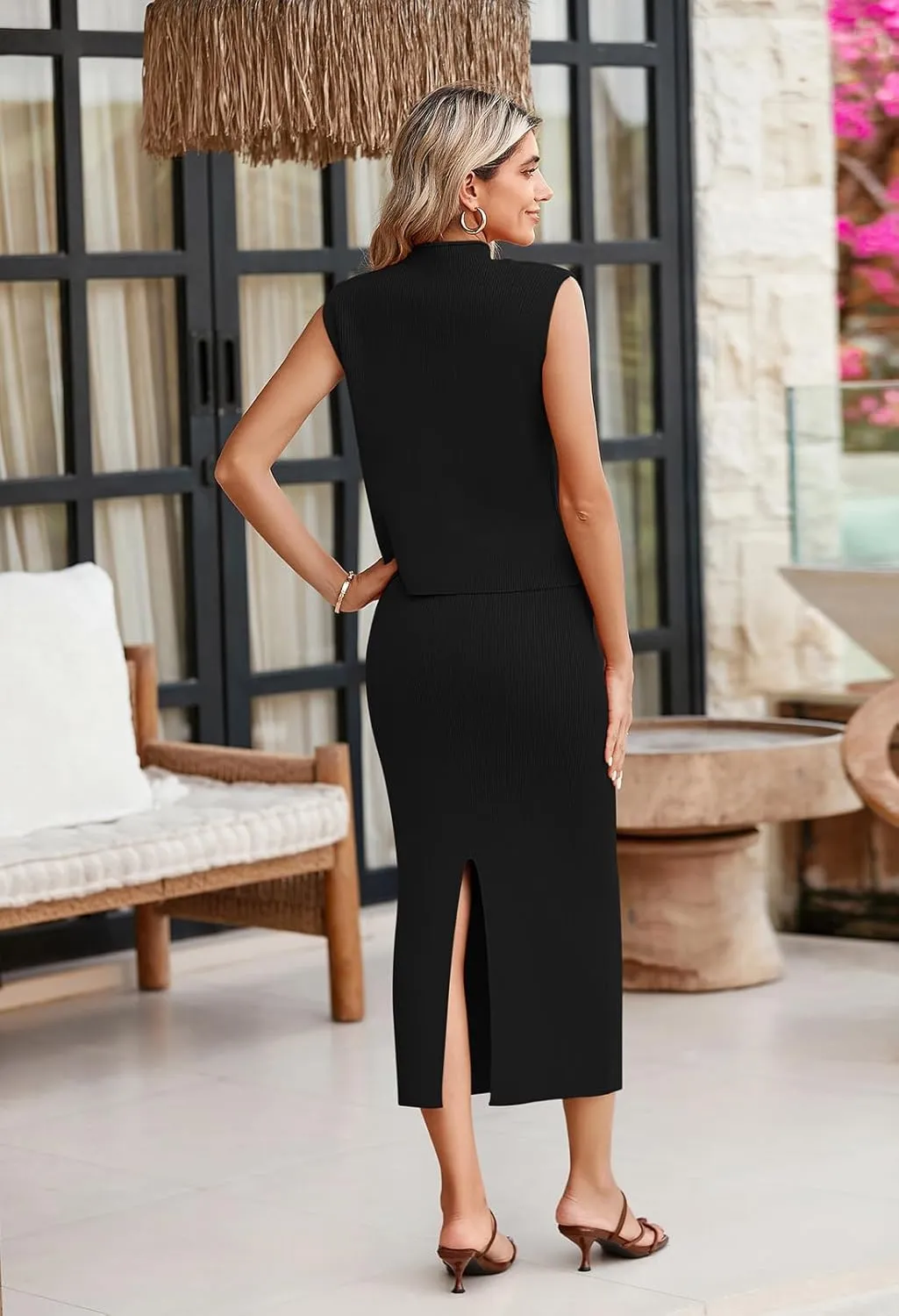 Pink Queen Women's 2 Piece Sweater Outfits Set Sleeveless Crop Top Ribbed Split Bodycon Midi Long Skirt Knit Dresses
