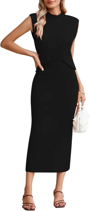 Pink Queen Women's 2 Piece Sweater Outfits Set Sleeveless Crop Top Ribbed Split Bodycon Midi Long Skirt Knit Dresses