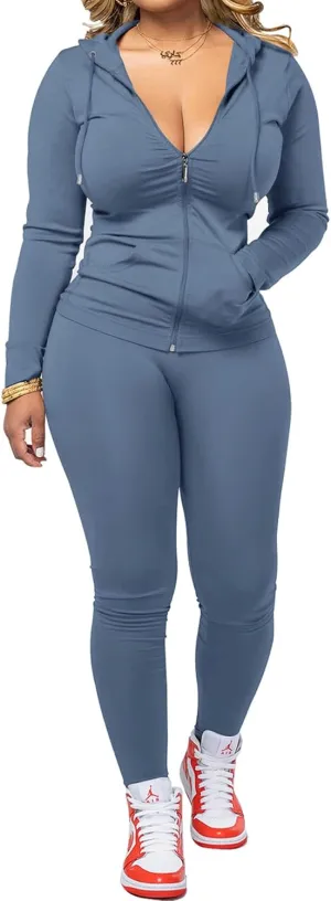 PINSV Women Two Piece Outfits Workout Sets Bodycon Tracksuit Long Sleeve Zip Up Hoodie Jacket Jogger Matching Sweat Pants Set