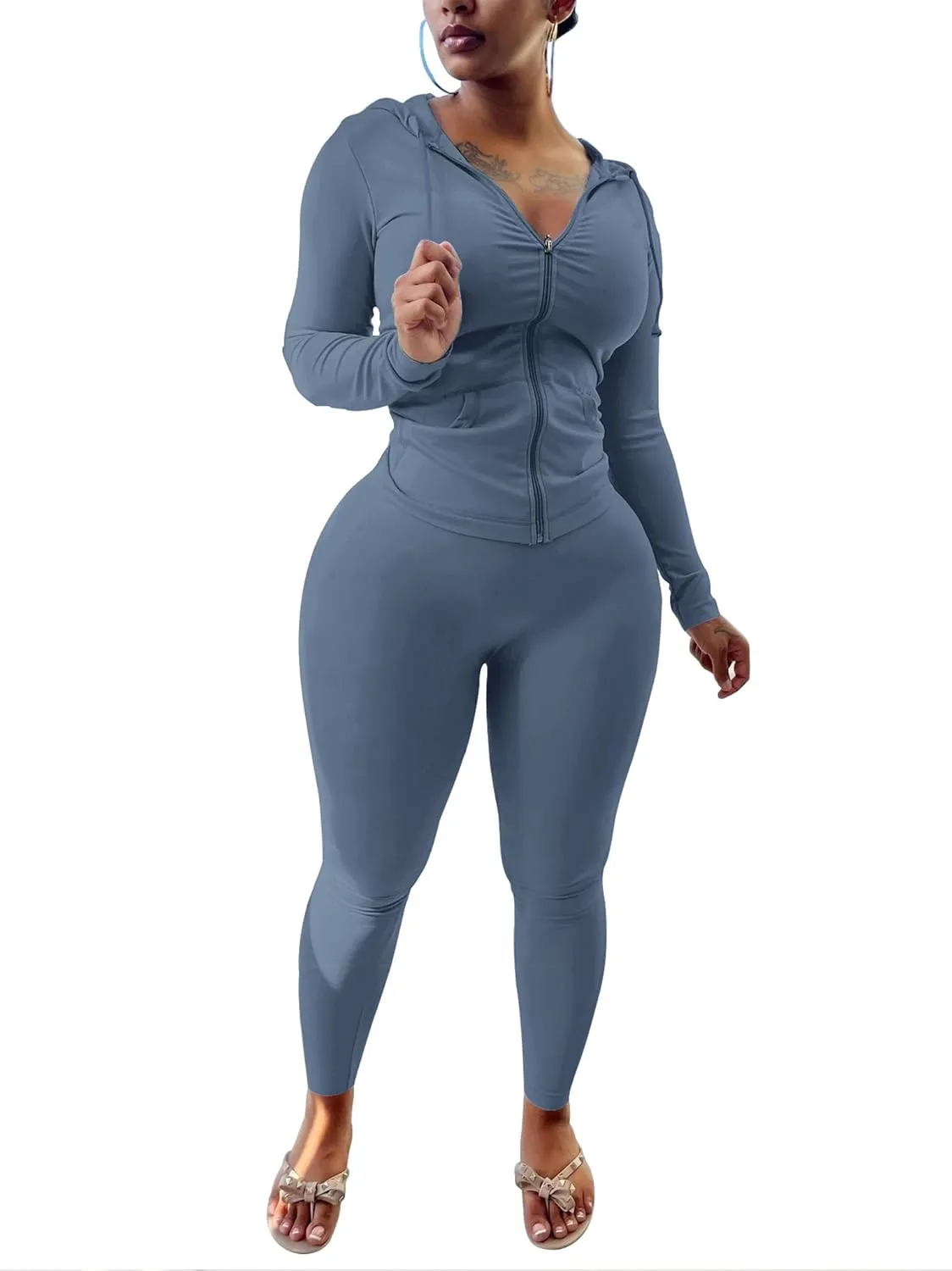 PINSV Women Two Piece Outfits Workout Sets Bodycon Tracksuit Long Sleeve Zip Up Hoodie Jacket Jogger Matching Sweat Pants Set