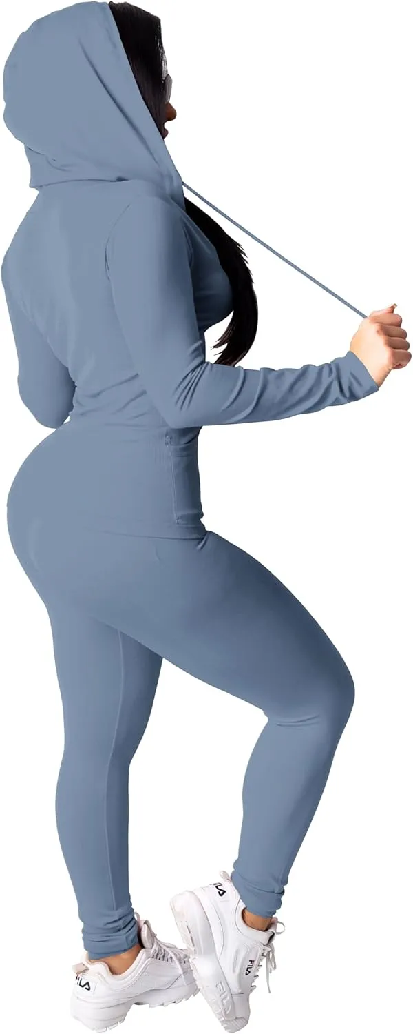 PINSV Women Two Piece Outfits Workout Sets Bodycon Tracksuit Long Sleeve Zip Up Hoodie Jacket Jogger Matching Sweat Pants Set