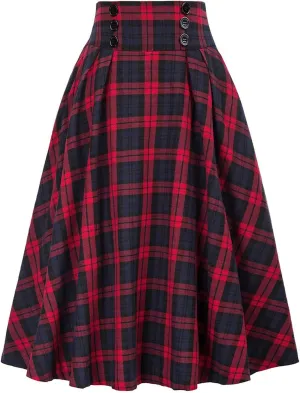 Plaid Skirt for Womens High Waist A Line Pleated Midi Skirts Steampunk Women Long Skirt Medieval Halloween Costume