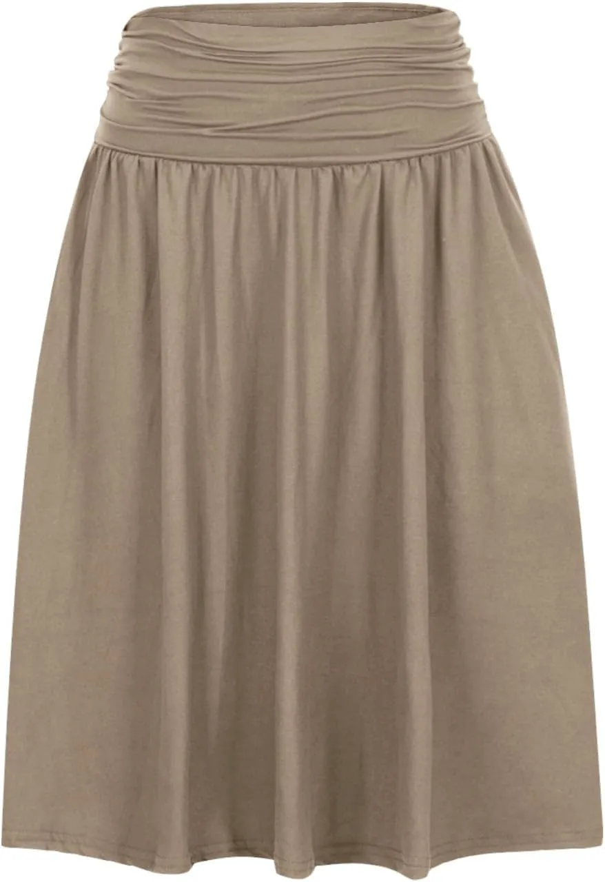 Plus Size Skirts for Women Knee Length Ruched Flowy Midi Skirt Loose Fit Casual Elastic High Waist Skirt with Pocket