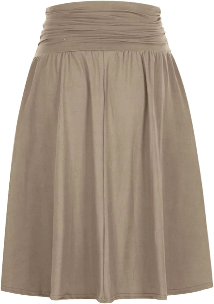 Plus Size Skirts for Women Knee Length Ruched Flowy Midi Skirt Loose Fit Casual Elastic High Waist Skirt with Pocket
