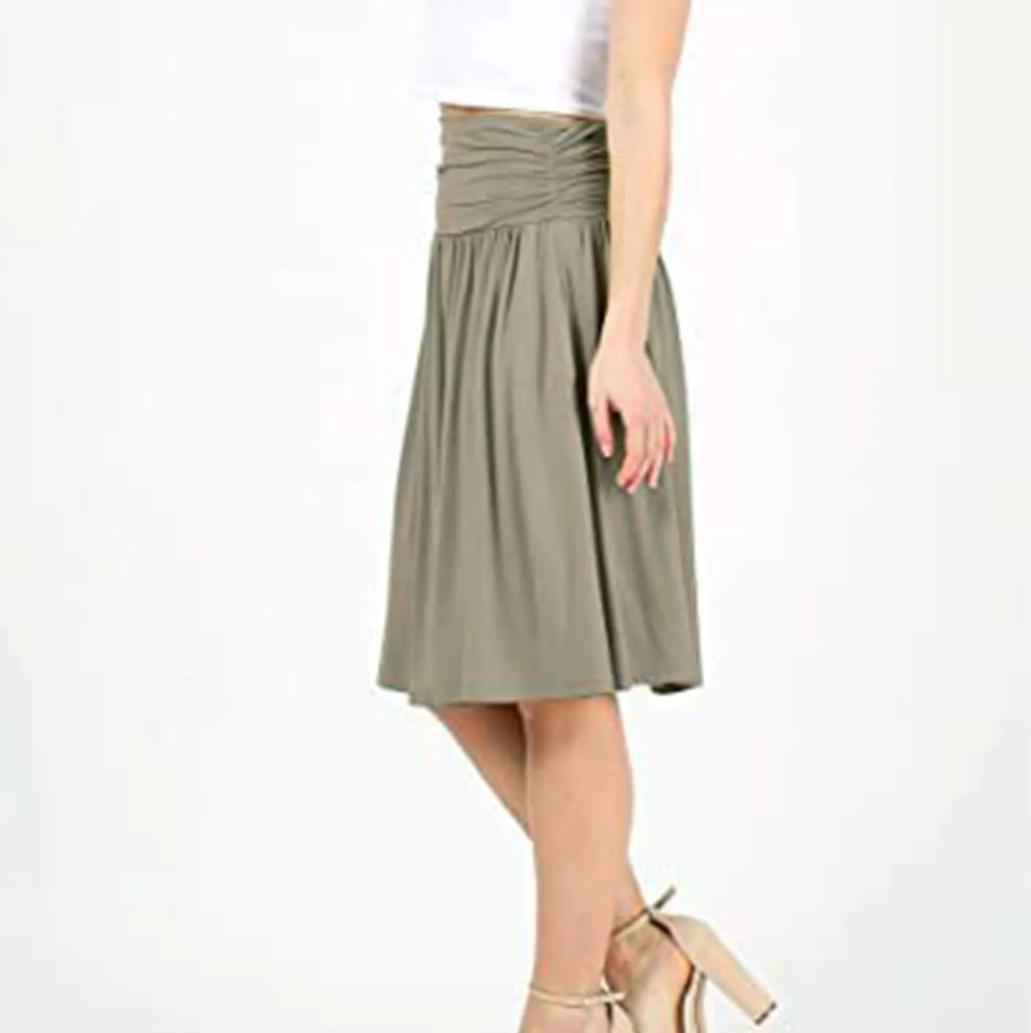 Plus Size Skirts for Women Knee Length Ruched Flowy Midi Skirt Loose Fit Casual Elastic High Waist Skirt with Pocket