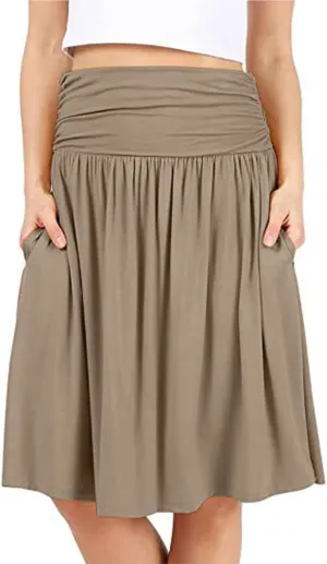Plus Size Skirts for Women Knee Length Ruched Flowy Midi Skirt Loose Fit Casual Elastic High Waist Skirt with Pocket