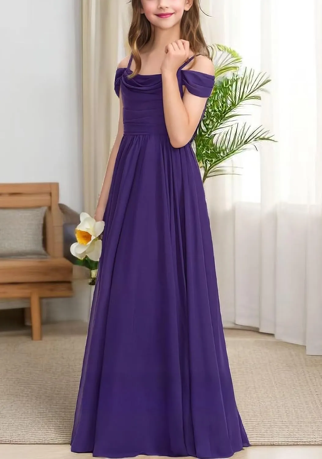 POMUYOO Cold Shoulder Floor Length Chiffon Junior Bridesmaid Dress for Wedding Teen Girls Party Pageant Gowns YG339