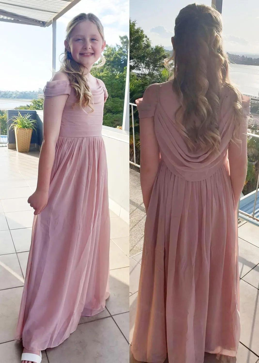 POMUYOO Cold Shoulder Floor Length Chiffon Junior Bridesmaid Dress for Wedding Teen Girls Party Pageant Gowns YG339
