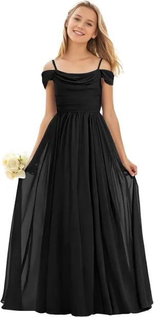 POMUYOO Cold Shoulder Floor Length Chiffon Junior Bridesmaid Dress for Wedding Teen Girls Party Pageant Gowns YG339