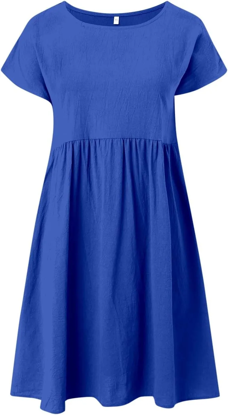 PTOLOCIF 2024 Fashion Summer OL Temperament Women's and Linen Round Neck A Line Skirt Plus Size Loose Dress Summer Dress