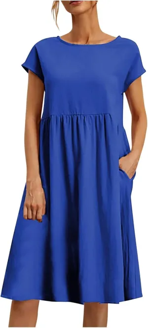 PTOLOCIF 2024 Fashion Summer OL Temperament Women's and Linen Round Neck A Line Skirt Plus Size Loose Dress Summer Dress