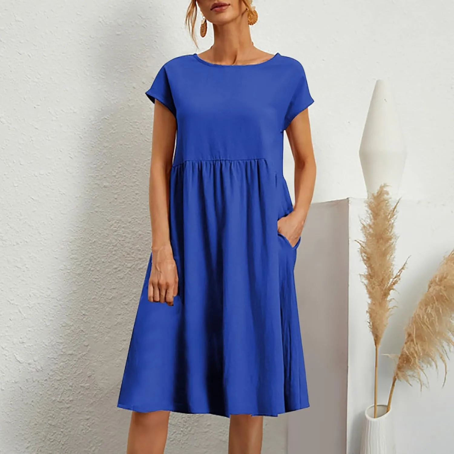 PTOLOCIF 2024 Fashion Summer OL Temperament Women's and Linen Round Neck A Line Skirt Plus Size Loose Dress Summer Dress