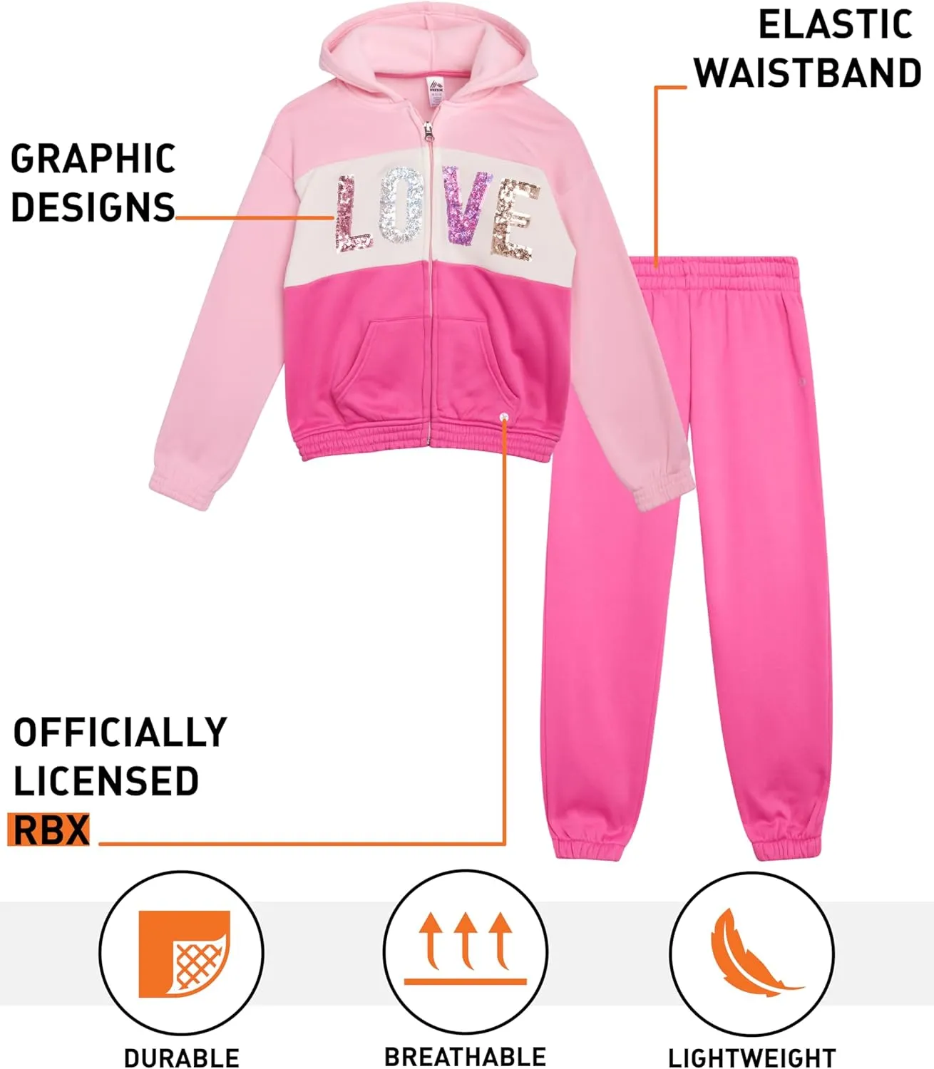 RBX Girls' Active Sweatsuit Set - 2 Piece Fleece Hoodie Sweatshirt and Sweatpants - Sequin Jogger Pants Set for Girls (7-12)