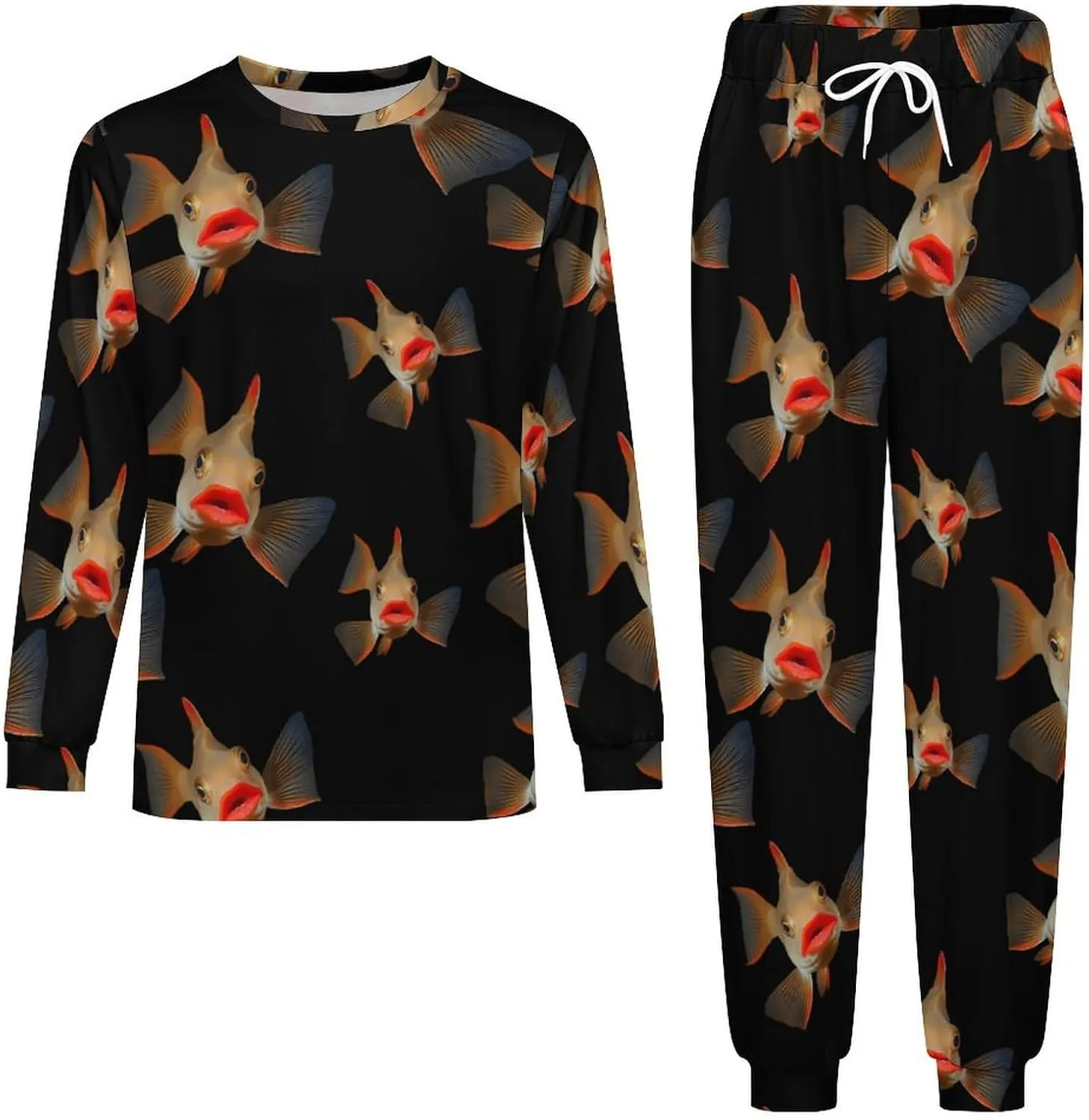Red Lipped Batfish Soft Mens Pajamas Set Round Neck Pullover Long Sleeve And Pants Loungewear 2 Piece Pjs Set