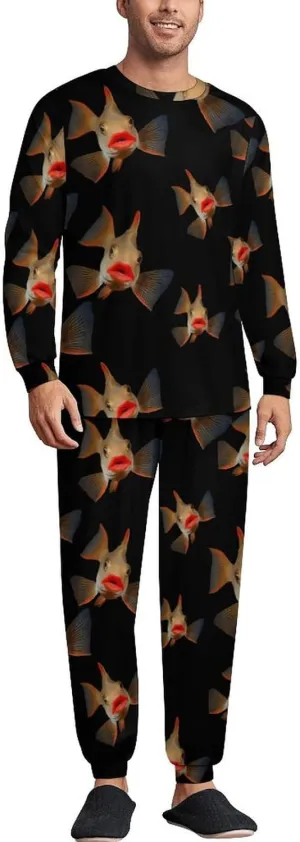 Red Lipped Batfish Soft Mens Pajamas Set Round Neck Pullover Long Sleeve And Pants Loungewear 2 Piece Pjs Set