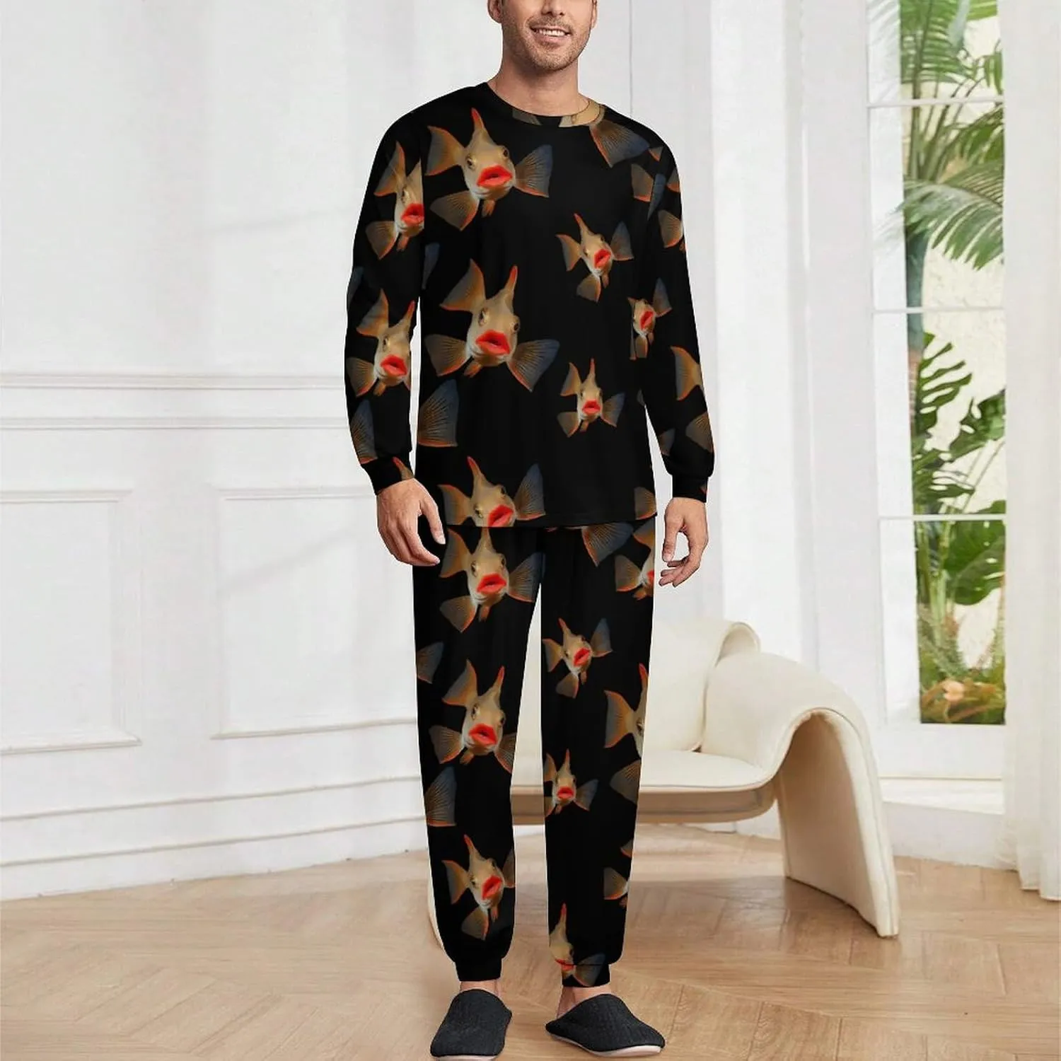 Red Lipped Batfish Soft Mens Pajamas Set Round Neck Pullover Long Sleeve And Pants Loungewear 2 Piece Pjs Set