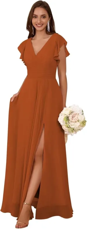 Ruffle Sleeve Bridesmaid Dresses for Women V Neck Pleated A Line Long Chiffon Formal Evening Dress with Slit