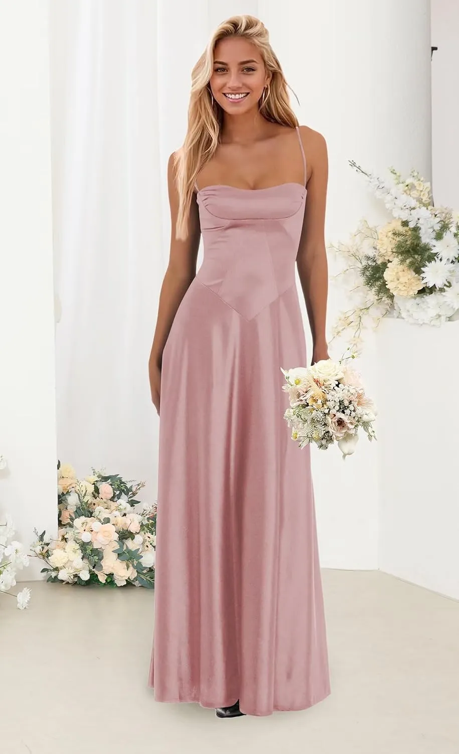 Satin Long Bridesmaid Dress 2025 A Line Spaghetti Straps Formal Evening Prom Dresses for Women IK063